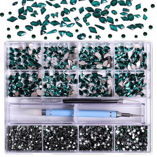 3320Pcs Green Nail Art Rhinestones Crystal,HOINCO 3D Rhinestones Gems Jewels Diamond,24 Types of 320 Diamonds + 3000 Round Beads, Crystals 3D Flat Back Gemstones for Nail DIY Crafts with Tweezers Pen