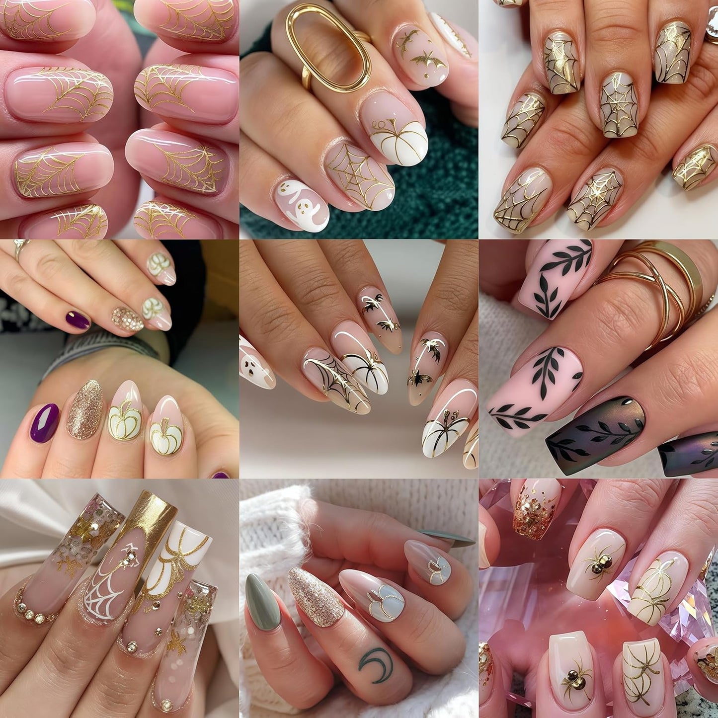 8 Sheets Halloween Nail Stickers Nail Decals 3D Self-Adhesive Glitter Pumpkin Ghost Nail Supplies Gold Heart Spider Web Bat Black Leaf Nails Design Nail Decor for Halloween Party DIY Manicure Supplies