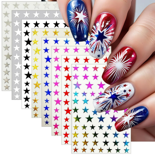 8Sheets Glitter Independence Day Stars Nail Art Stickers 3D Self Adhesive Shiny Glitters Starlight Nail Decals 4th of July Holographic Pentagram Design Decal for Woman DIY Manicure Decoration