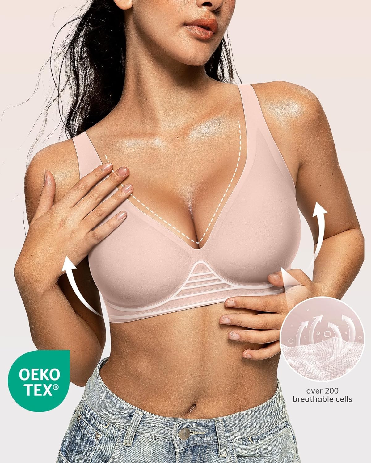 OEAK Womens Deep V Bras Wireless Comfortable Bra Supportive No Underwire Bras Tshirt Push Up Bralettes Plunge Seamless Bra