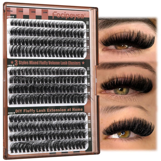 Focipeysa Fluffy Lash Clusters Wispy Lash Extension 12-18mm Eyelash Clusters 150D+180D+220D Individual Eyelashes Extensions, DIY Clusters Lashes at Home (240pcs 12-18mm Mixed)