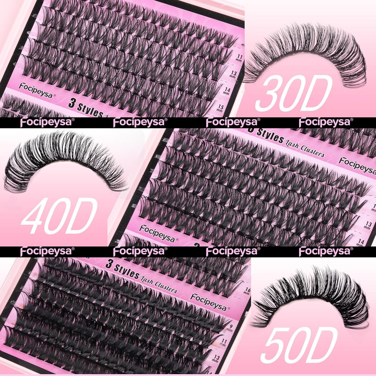Focipeysa Fluffy 360pcs Lash Clusters 30P+40P+50P DIY Lash Extension Volume Thick Clusters Lashes D Curl Eyelash Extension 9-16mm Individual Lash for Self Application at Home