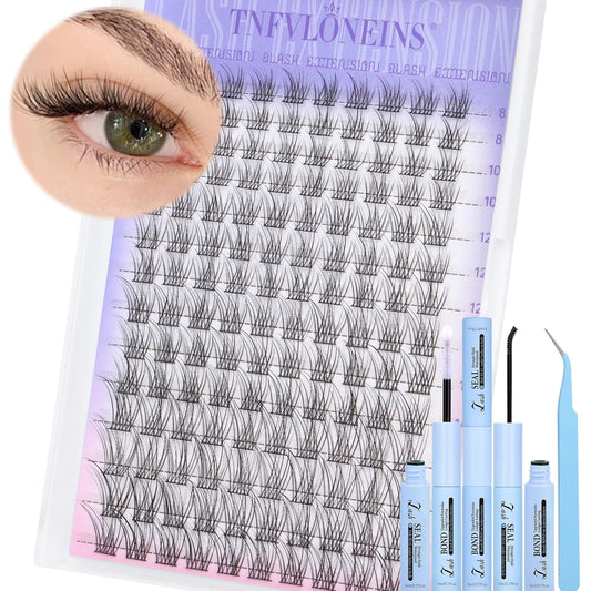 TNFVLONEINS Lash Clusters Kit Natural Eyelash Extension Kit Wispy Lash Extension Kit Soft Cluster Eyelash Extensions Individual Lashes Kit DIY Eyelash Clusters Kit with Bond and Seal and Tweezers