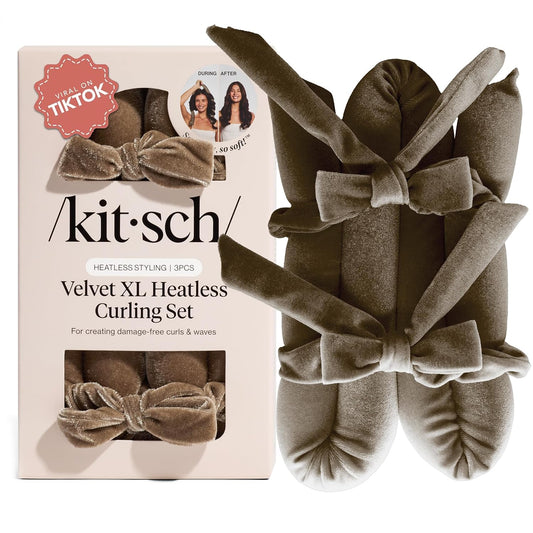 Kitsch Velvet XL Heatless Curling Set - Hair Curler for Heatless Curls Overnight - Flexi Rod & Hair Curlers to Sleep In, No Heat Damage Styling - With Two Velvet Bow Scrunchies - Eucalyptus