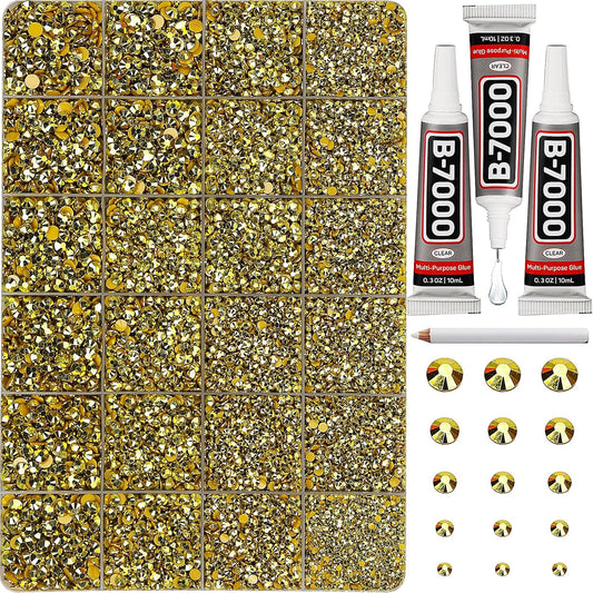 30000Pcs Resin Rhinestones Set for Crafting Bedazzling, Metallic Gold Flatback Gems Jewels for Crafts Clothes Shoes Fabric Outfit Nails Makeup, Flat Back Crystal 2-6mm with b 7000 Glue