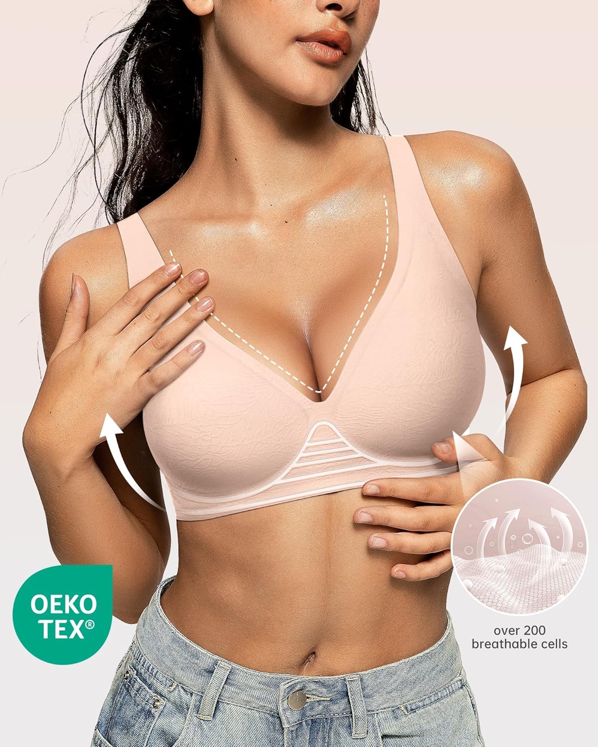 OEAK Womens Deep V Bras Wireless Comfortable Bra Supportive No Underwire Bras Tshirt Push Up Bralettes Plunge Seamless Bra