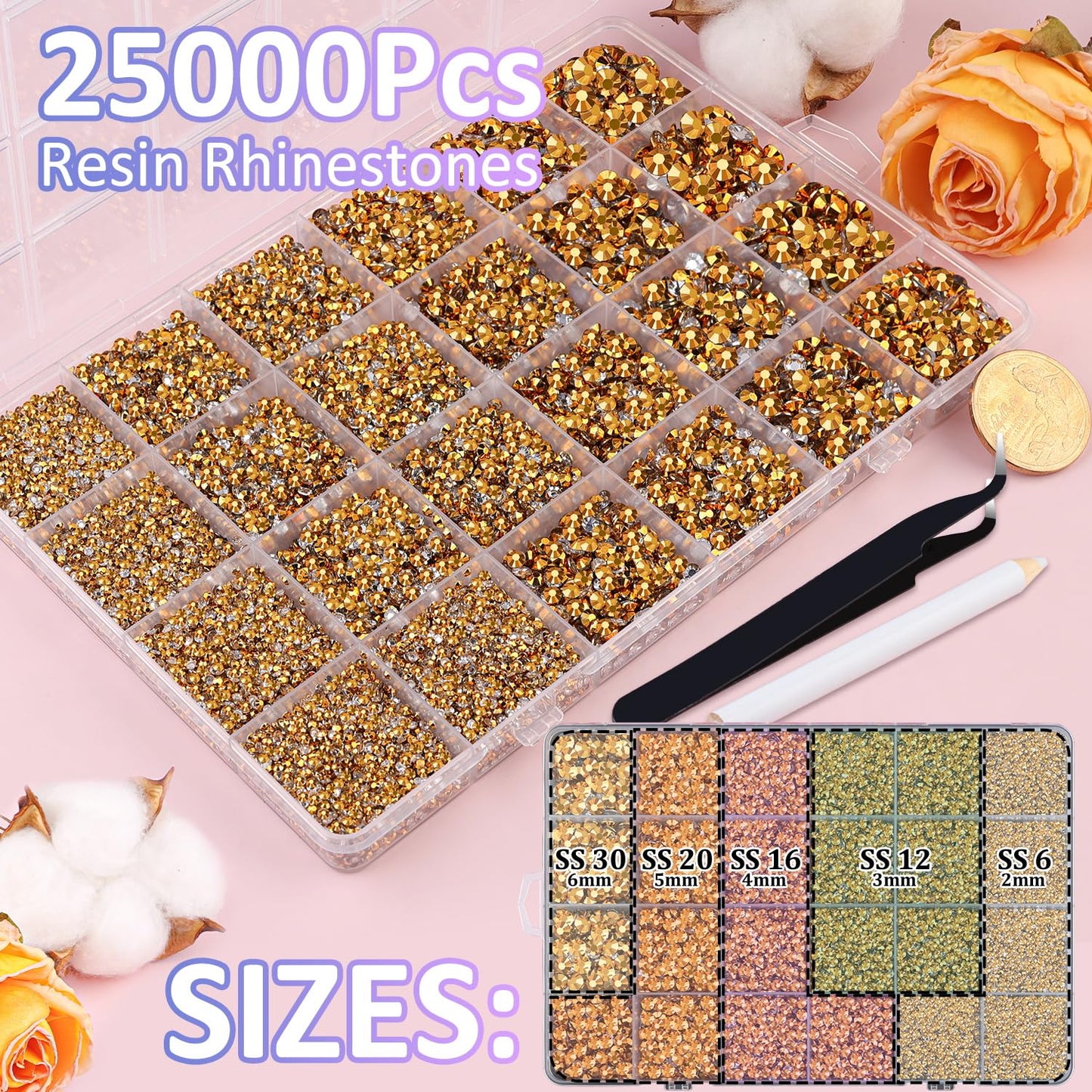 25000Pcs Resin Rhinestones for Crafting, Gold 2-6mm Mixed Sizes Non Hotfix Flatback Gems, Bedazzling Crystal for DIY Crafts Clothing Tumblers Mugs Shoes Fabric Nail Art
