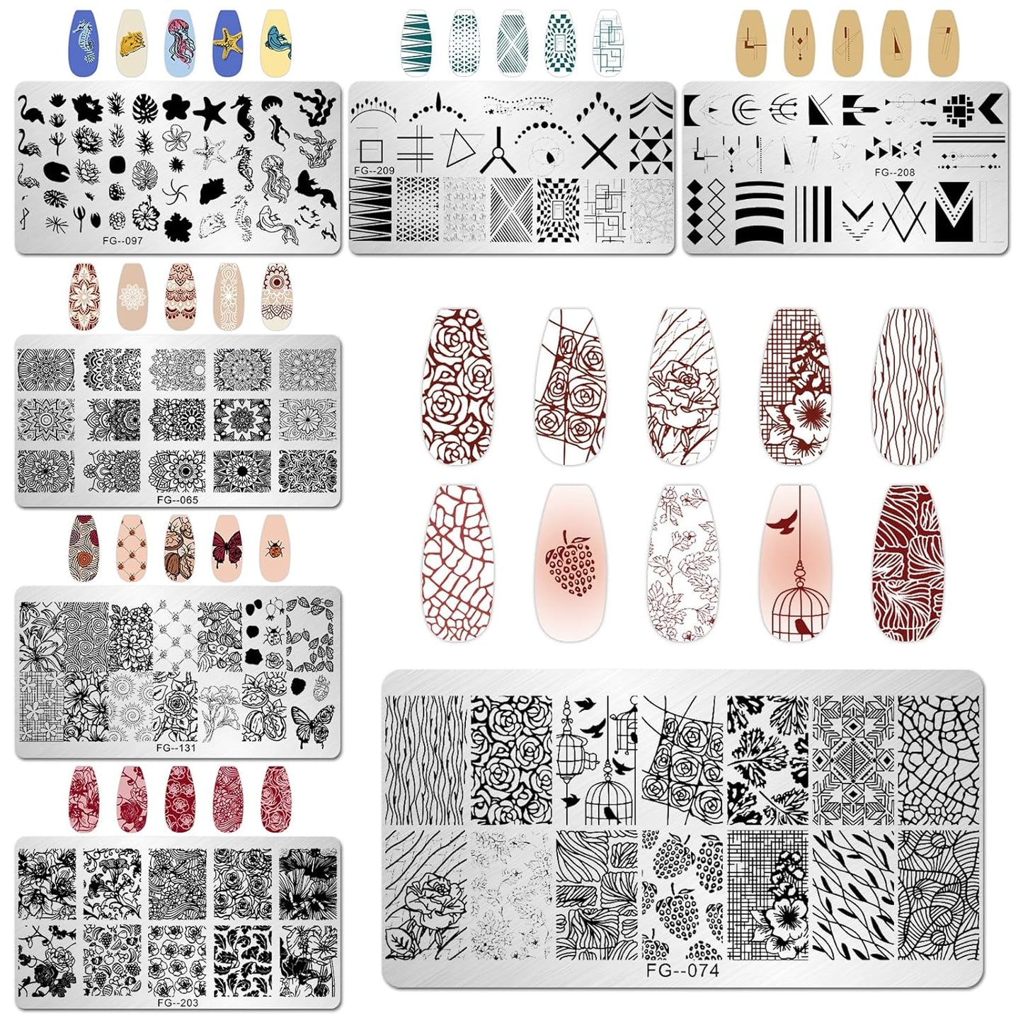 AddFavor Nail Stamper Kit 7pcs Nail Stamping Plates Flower Geometric Mandala Animal Image Nail Stencils with 2 Stamp and 2 Scraper for Home Salon Manicure Design Supplies Tools