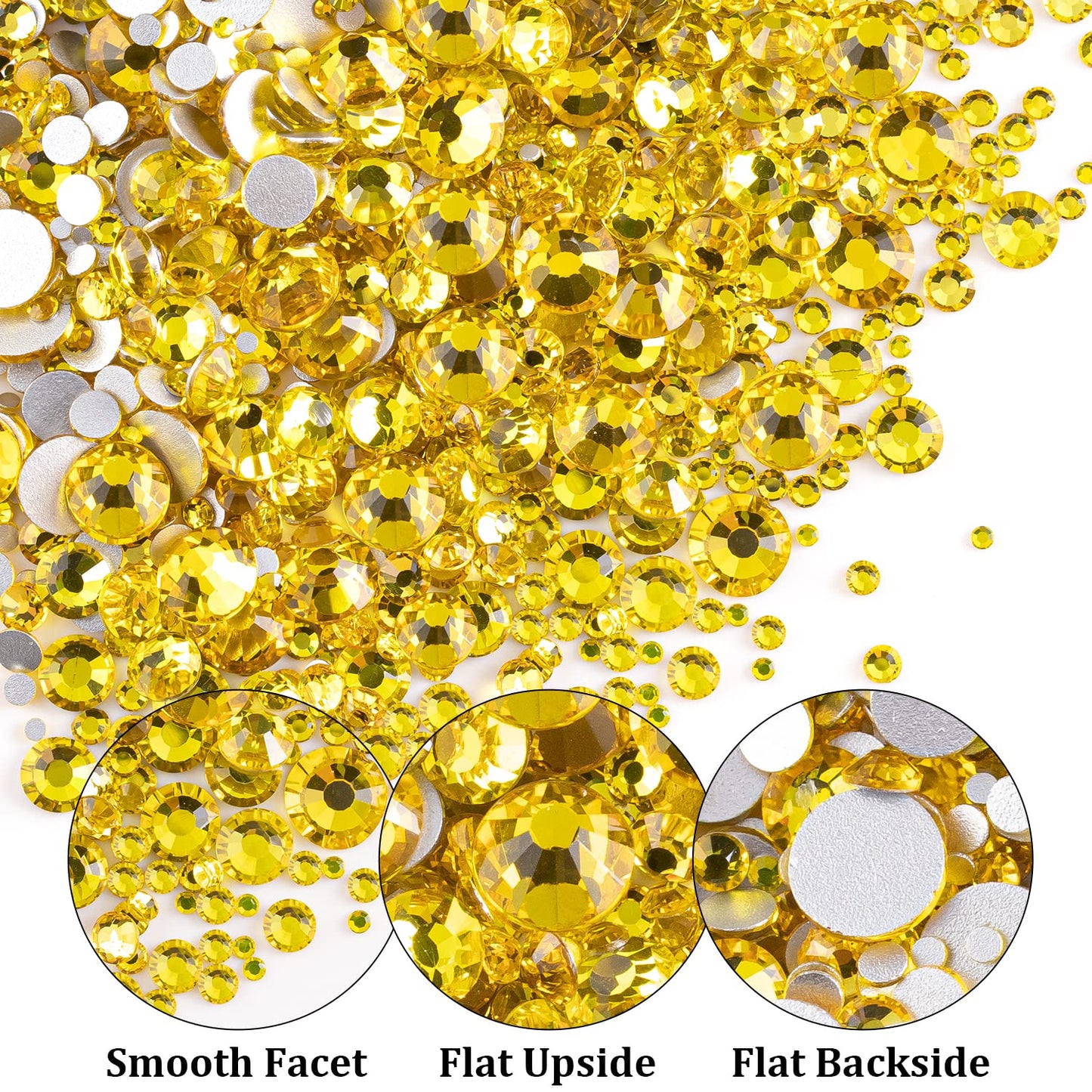 One Pack 2000 Pcs of Flatback Round Lemon Yellow Rhinestones 6 Sizes (1.5-6 mm) with Nail Art Rhinestone Picker Pencil and Tweezer for DIY and Salon Use
