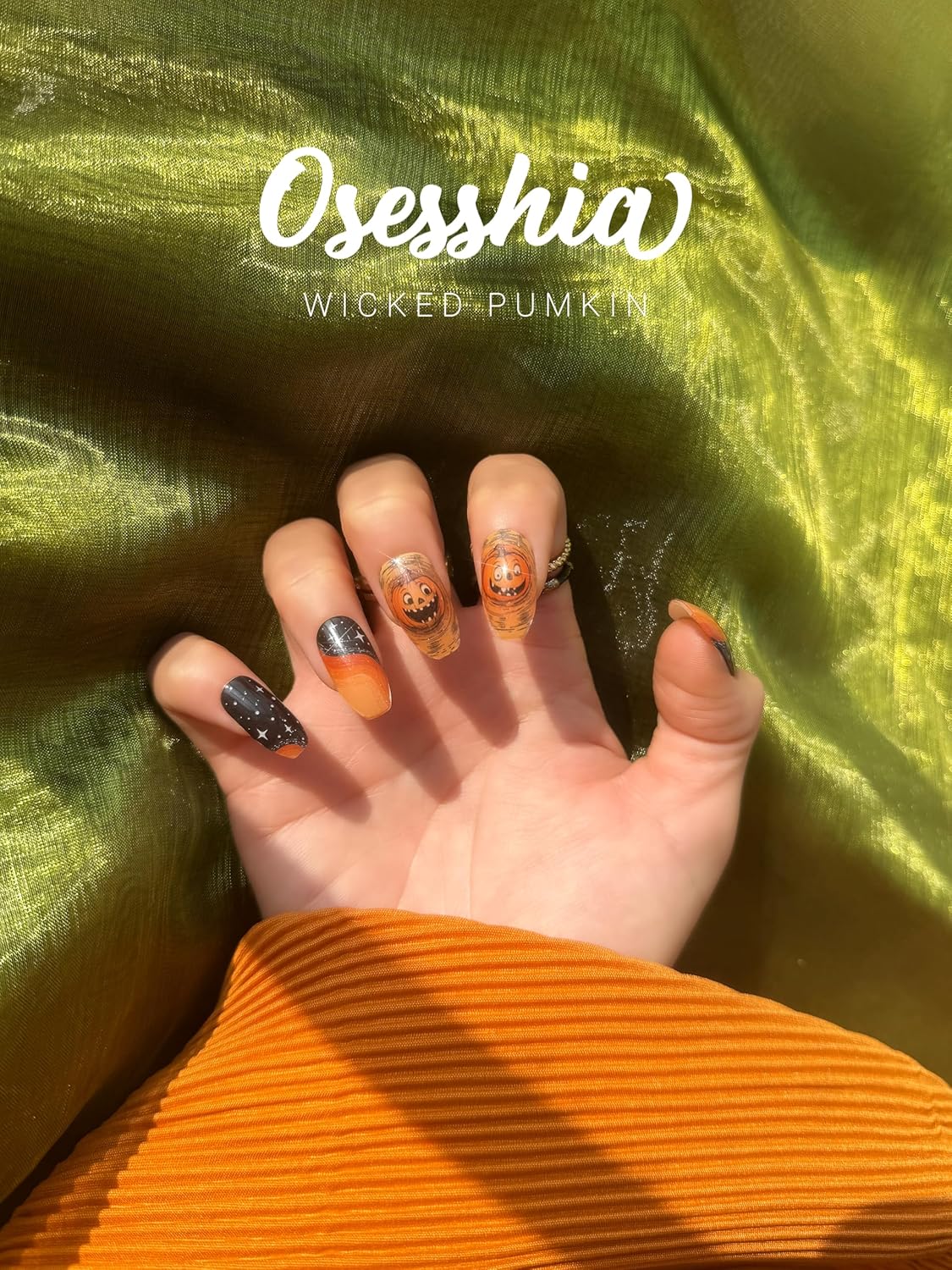 Semi Cured Gel Nail Strips, 20 pcs Nail Wraps, Glaze Stickers, Salon Quality French Manicure, Full Decal Gel Polish Strips, Long Lasting SCG, Easy on, UV Required (Wicked Pumpkin)