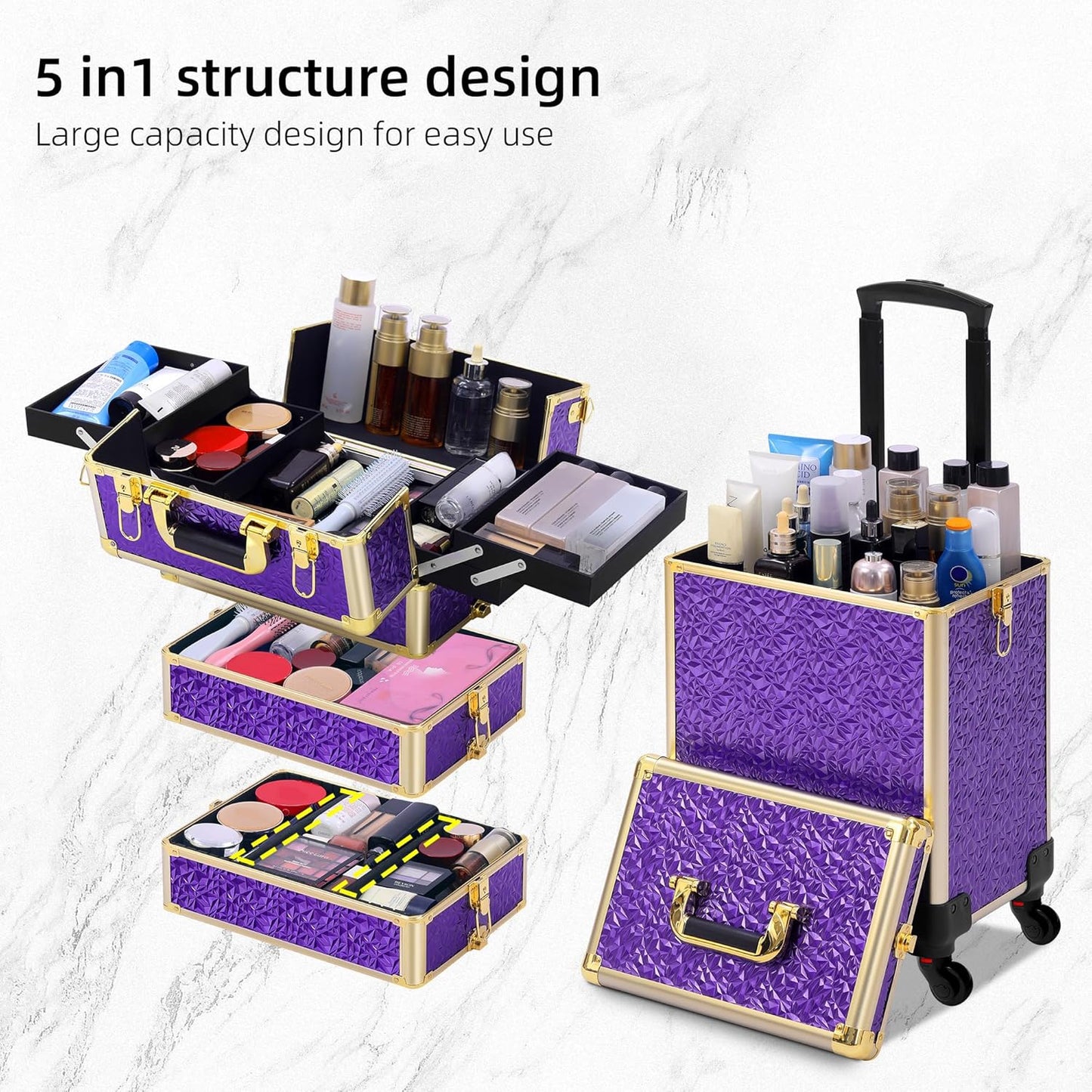Rolling Makeup Case, Makeup Train Case with Lid, 5 in 1 Cosmetology Case on Wheels, Christmas Gift, Large Makeup Organizers, Profesional Cosmetic Case for Salon Barber, Purple Gold