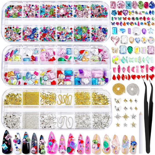 FANDAMEI Nail Gems, 3-Box Colorful Nail Rhinestones Nail Charms and Gems, 3D Rainbow Crystal Nail Diamonds Bulk, Mix-Size Flatback Gems for Nails, Gold Silver Nail Studs Beads for Nail Design