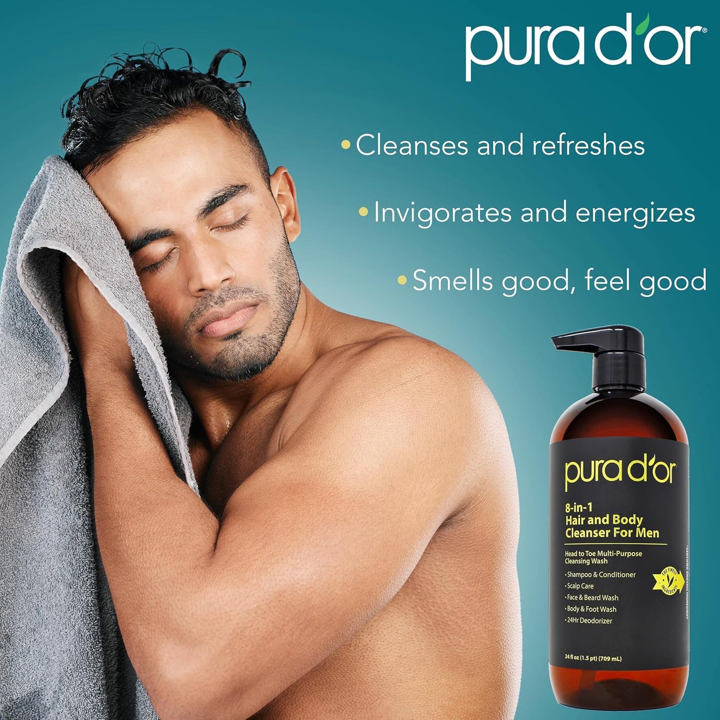 PURA D'OR 24 Oz 8-in-1 Hair & Body Cleanser For Men – Sulfate-Free, Multi-Use Wash for Hair, Face, Beard & Body, with Organic Aloe Vera, Cedarwood & Lemongrass, Energizing & Deodorizing Formula