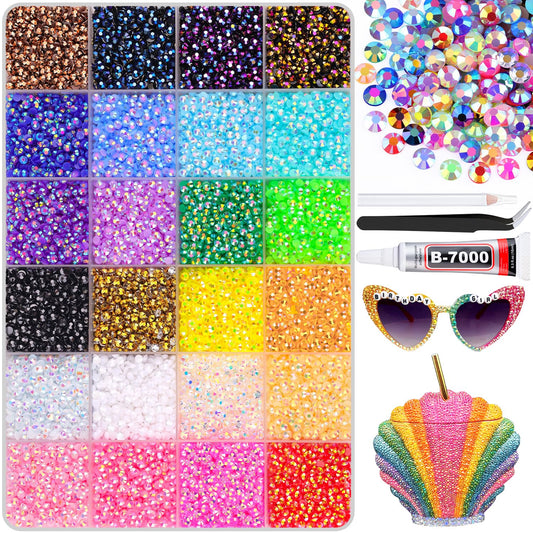 24000Pcs Resin Rhinestones for Bedazzling with B7000 Jewelry Glue, Colorful 3mm Non Hotfix Flatback Gems, Rhinestones for Crafting DIY Crafts Clothing Tumblers Mugs Shoes Fabric Decor Nail Art