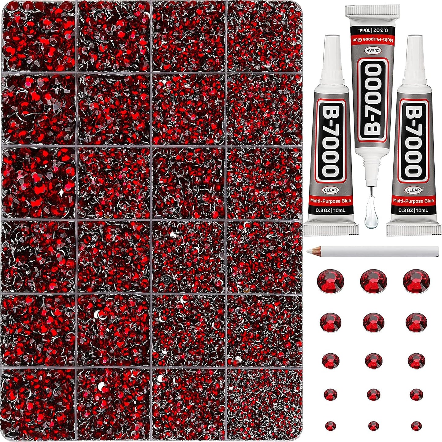 30000Pcs Resin Rhinestones Set for Crafting Bedazzling, Maroon Dark Red Burgundy Flatback Gems Jewels for Crafts Clothes Shoes Fabric Outfit Nails Makeup, Flat Back Crystal 2-6mm with b 7000 Glue