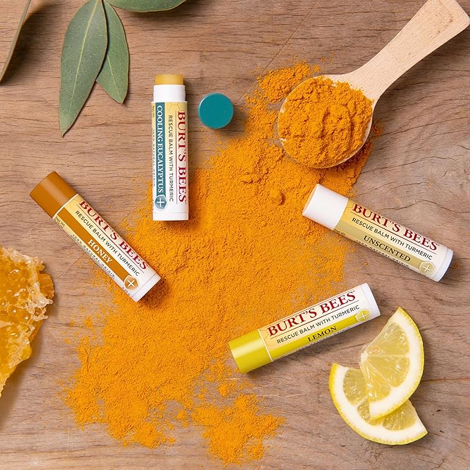 Burt's Bees 100% Natural Origin Rescue Lip Balm With Beeswax and Antioxidant-Rich Turmeric Promotes Healing Of Extremely Dry Lips, Cooling Eucalyptus, 2 Tubes in Blister Box(Pack May Vary)
