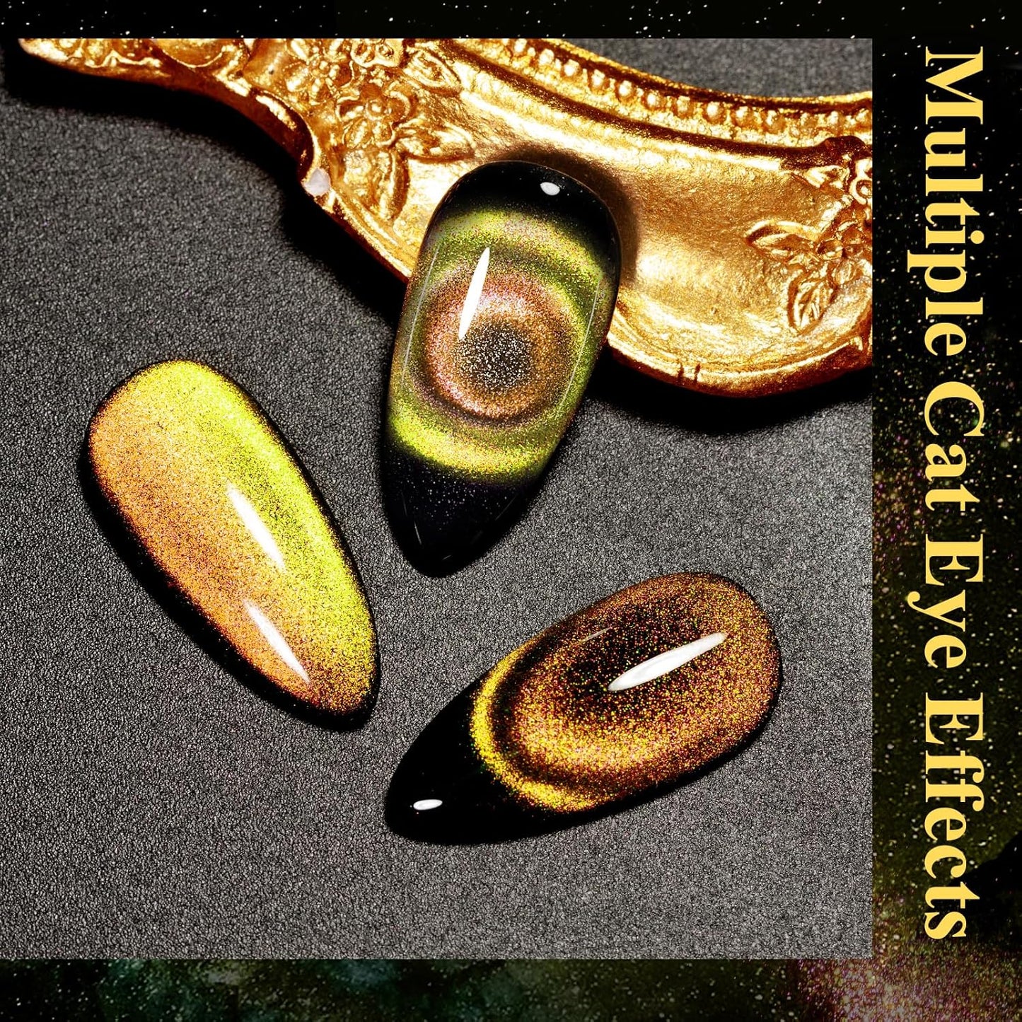 MIZHSE 9D Cat Eye Gel Nail Polish, Brown to Greed Magnetic Gel Polish with Magnet Stick, Galaxy Effect Holographic Cateye Nail Gel Soak Off Nail Art Manicure Home