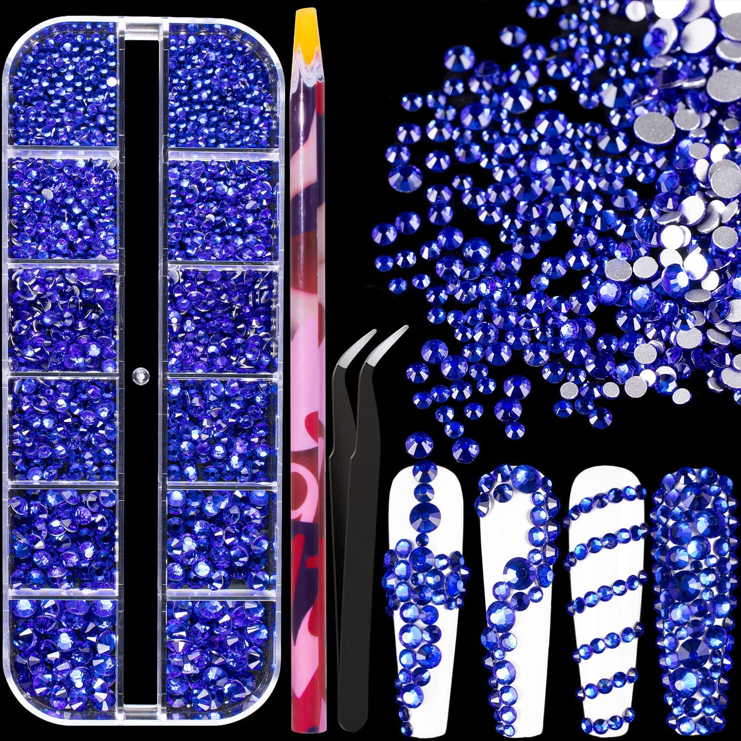 6 Sizes Royal Blue Glass Crystal Kit with Pickup Pen + Tweezer Tools for Shine Nail Art Manicure Makeup DIY Decoration Flatback Round Rhinestone Gem Jewelry Diamond