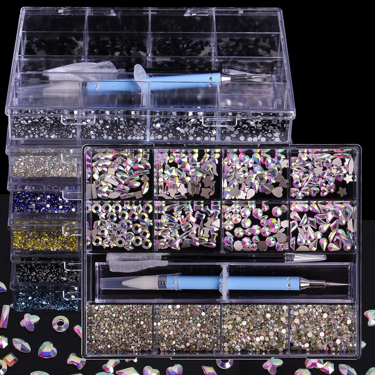 3320Pcs Sapphire Nail Art Rhinestones Crystal,3D Rhinestones Gems Jewels Diamond,24 Types of 320 Diamonds + 3000 Round Beads, Crystals 3D Flat Back Gemstones for Nail DIY Crafts with Tweezers Pen