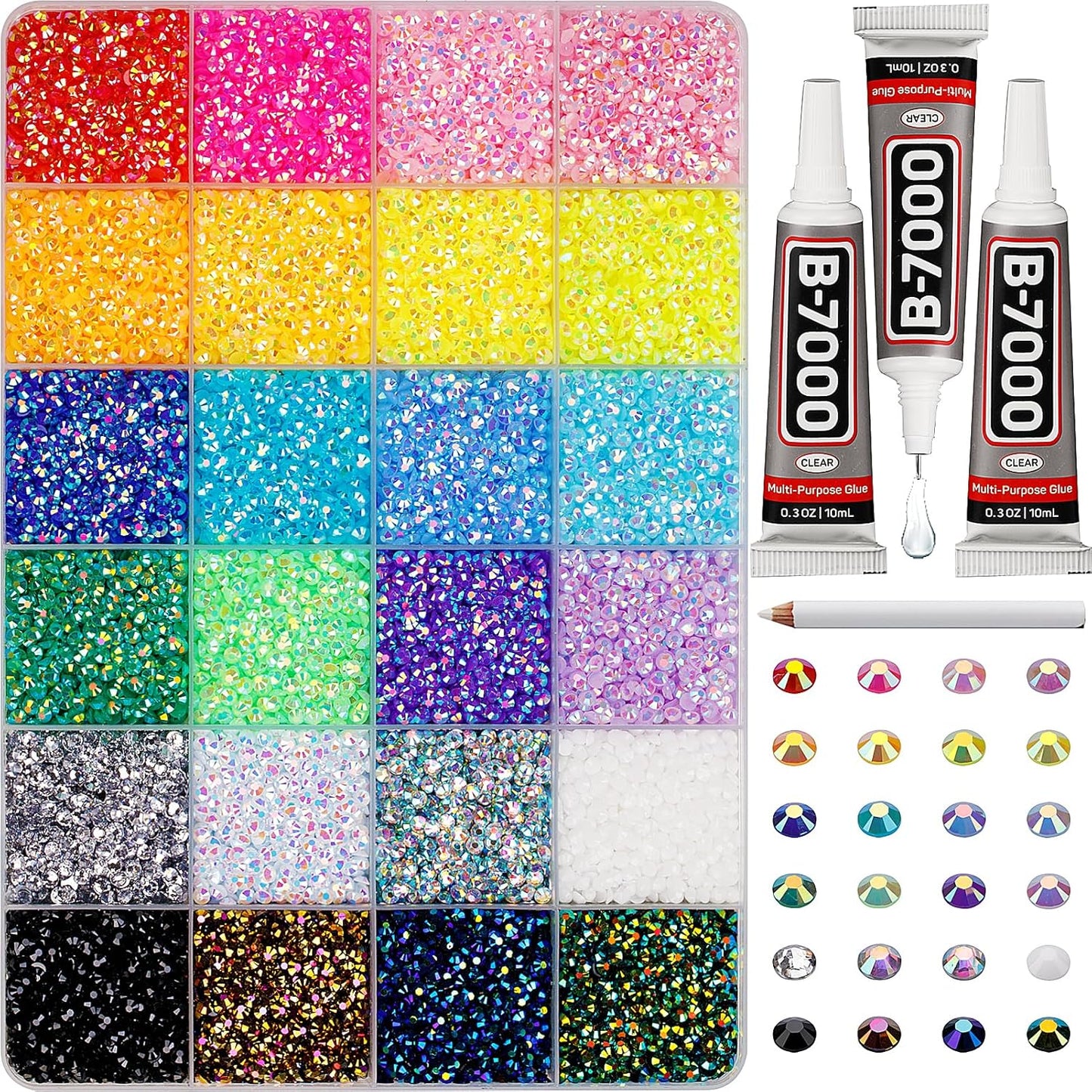 30000Pcs Resin Jelly Rhinestones for Crafting Bedazzling, Multicolor 3mm Flatback Gems for Crafts Clothing Clothes Tumblers Shoes Nails, Flat Back Mixed Color Bulk Bedazzler Kit Jewels with b7000 Glue