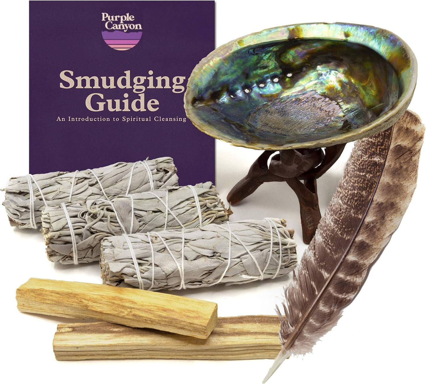 Purple Canyon Smudge Kit (Beginner's Gift Set) - 3 White Sage Smudge Sticks, 2 Palo Santo, Abalone Shell, Smudge Feather w/Stand + Smudging Guide for Home Cleansing & Healing Meditation Rituals