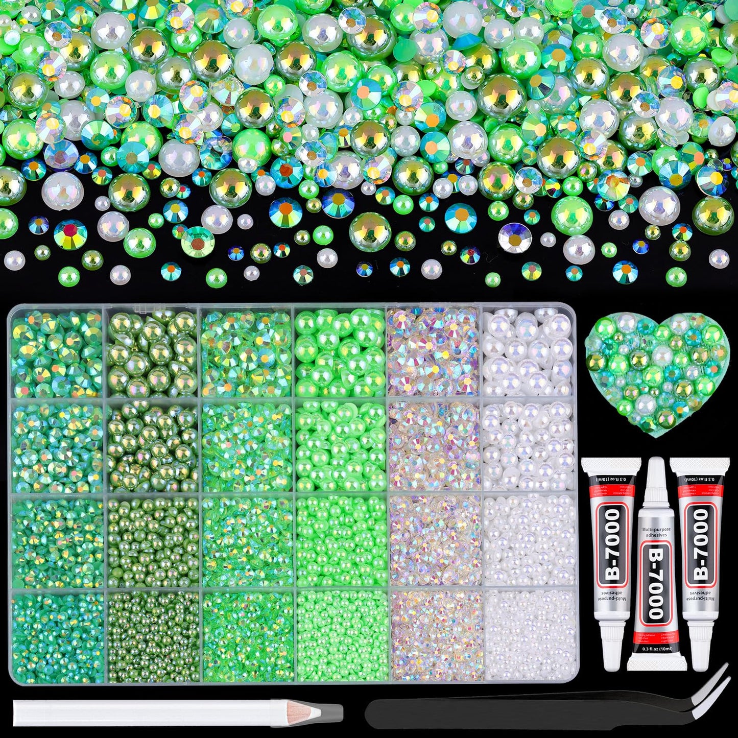9000Pcs Flatback Pearls and Rhinestones for Crafting, Green White Mixed Size 3-8mm Resin Rhinestones and Half Pearls for Bedazzling, Nail Art and Decoration with 3pcs B7000 Jewelry Glue