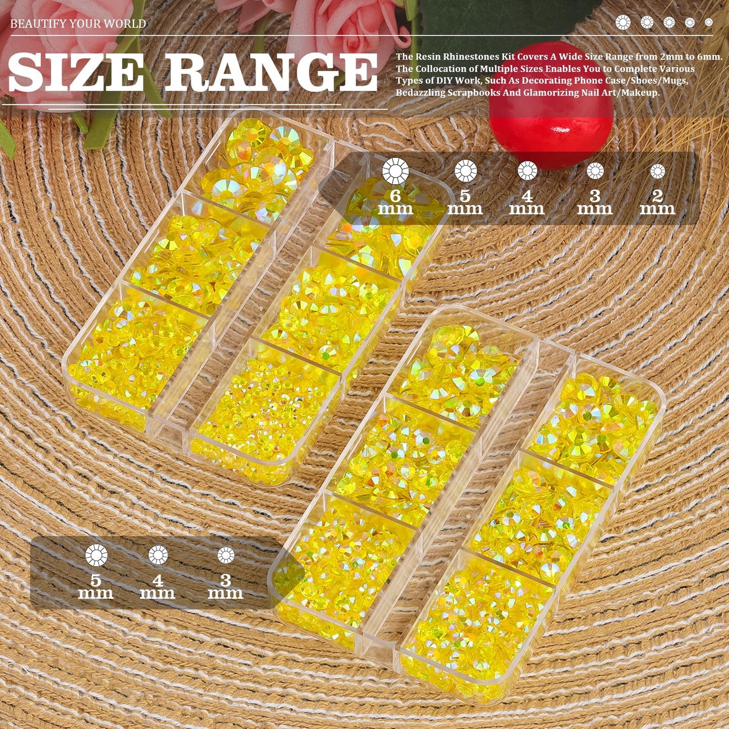 Resin Rhinestones Crafting, 2/3/4/5/6mm Flatback Jelly Rhinestones, 2 Boxes Transparent Lemon Yellow AB Non Hotfix Crystal Gems for Bedazzling Crafts Mugs Tumblers Clothes Makeup Nail