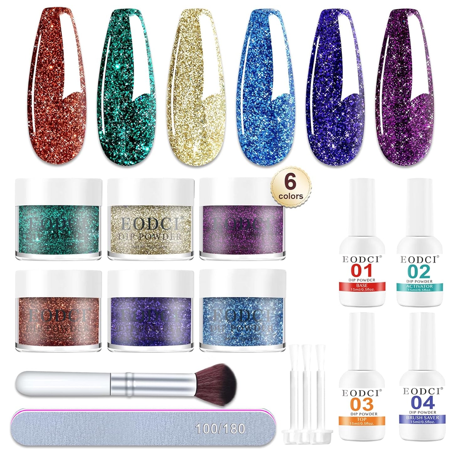 12 Pcs Dip Powder Nail Kit Starter, 6 Colors Glitter Blue Starry Green Sparkle Purple Dipping Powder Kit with Base & Top Coat, Nail Art Dip Manicure Kits for Women
