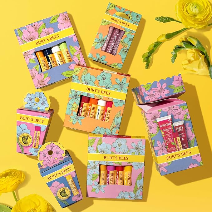 Burt's Bees Lip Balm Easter Basket Stuffers - Just Picked Gifts Set with Pomegranate, Watermelon, Sweet Mandarin, Coconut and Pear Natural Lip Treatment Tubes, 4, 0.15 oz.