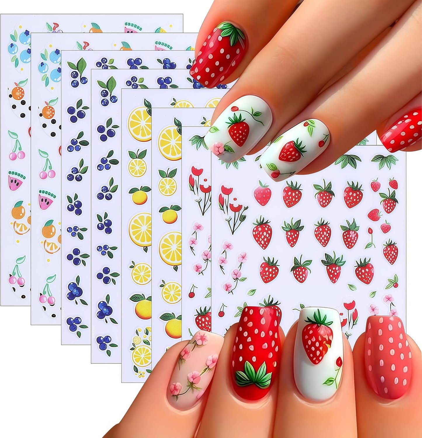 Summer Fruit Nail Art Stickers 3D Self-Adhesive Lemon Strawberry Blueberry Summer with Flower Design Decals Cute Fruit Sticker for Nails Women DIY Manicure Decorations 8 Sheets