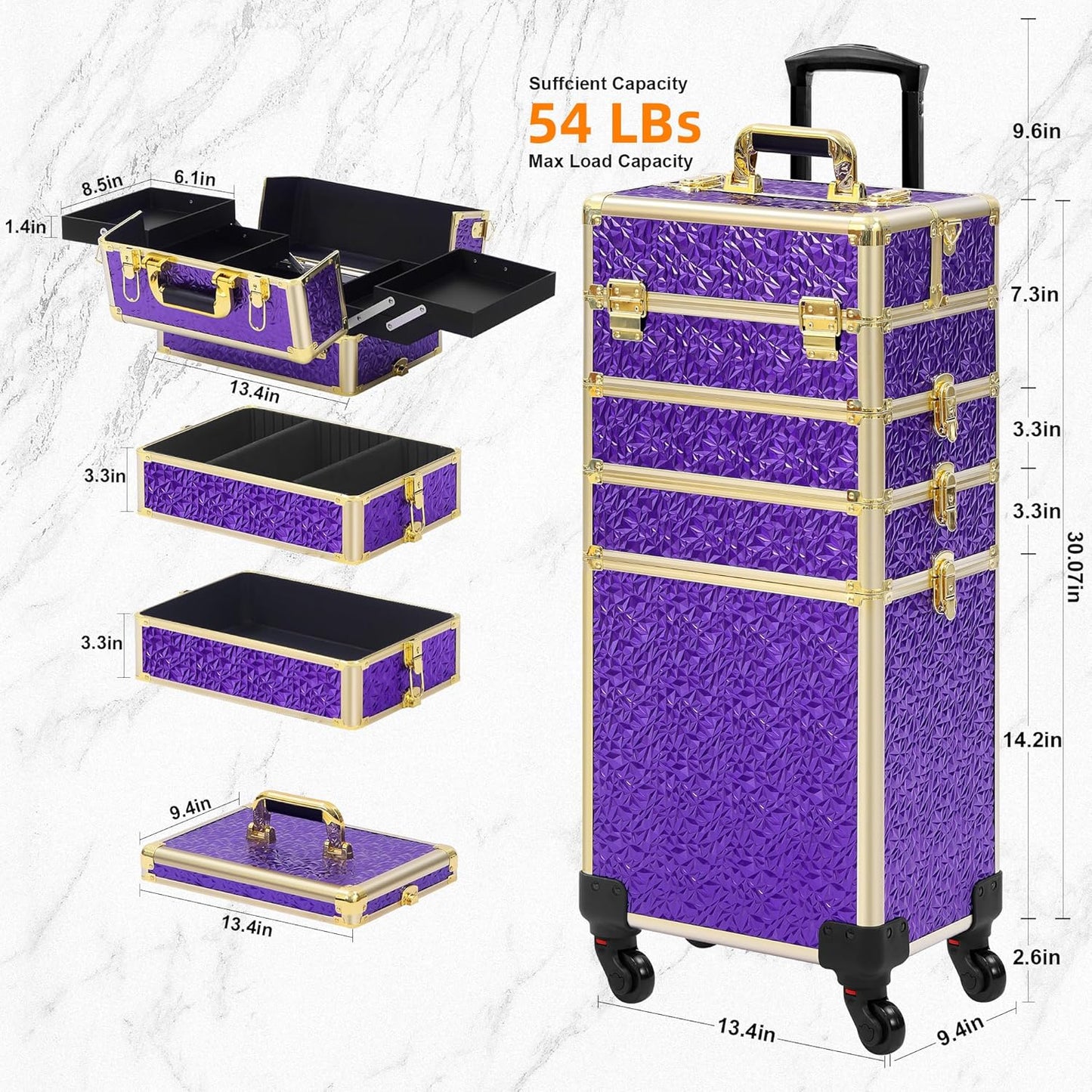Rolling Makeup Case, Makeup Train Case with Lid, 5 in 1 Cosmetology Case on Wheels, Christmas Gift, Large Makeup Organizers, Profesional Cosmetic Case for Salon Barber, Purple Gold