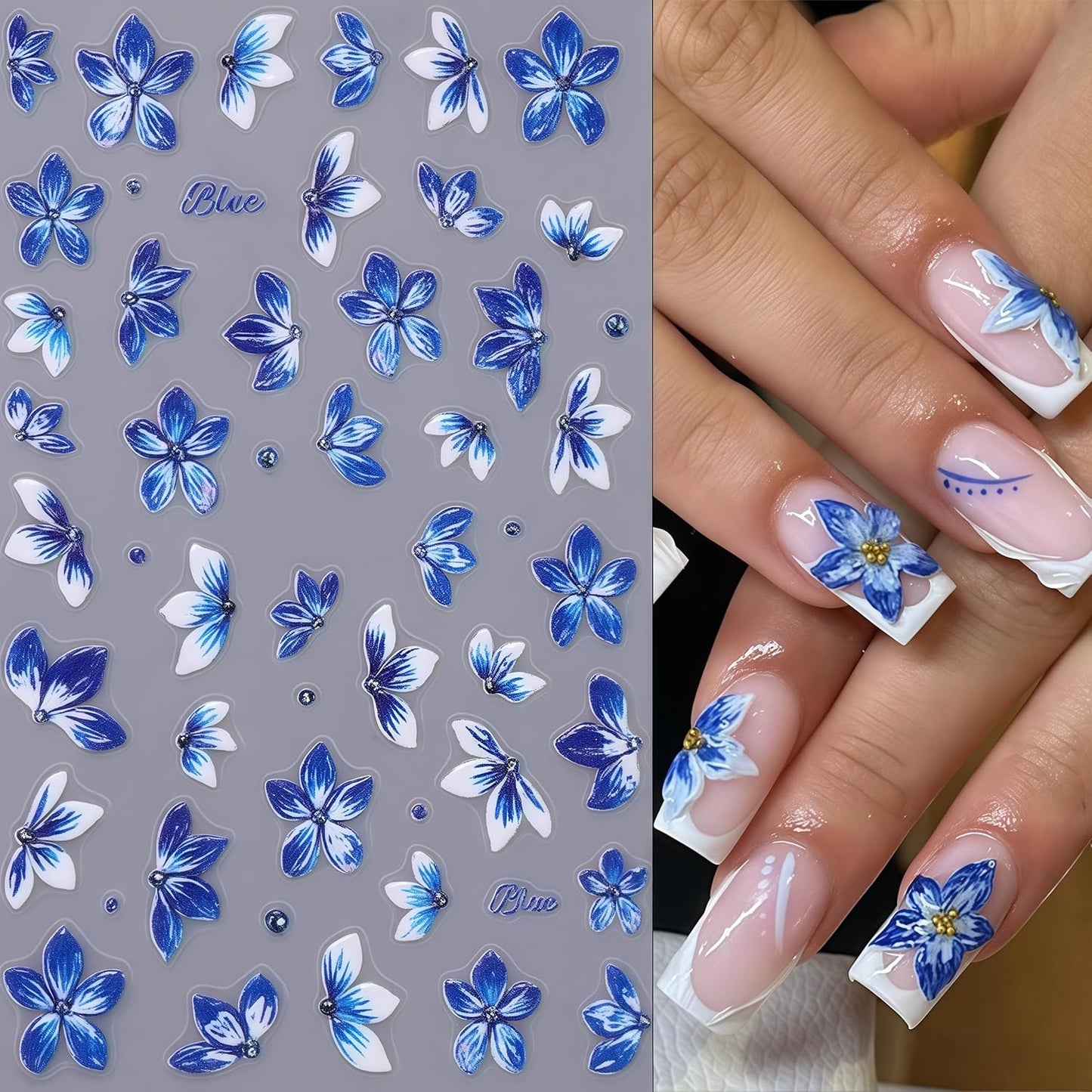4 Sheets Blue Flower Nail Art Stickers Colored Flower Love Butterfly Nail Stickers 5D Embossed Floral Nail Decals Lily of The Valley Petal Vine Nail Art Supplies for Women Girl DIY Nail Decorations