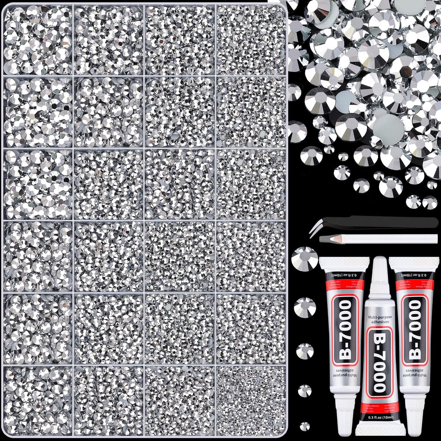 30000Pcs Resin Silver Rhinestones for Bedazzling Crafting with b7000 Jewelry Glue, Bulk Flatback Gems Bedazzler Kit for Crafts Clothes Shoes Fabric Nail Diamond Art, Assorted Size 2/3/4/5/6mm
