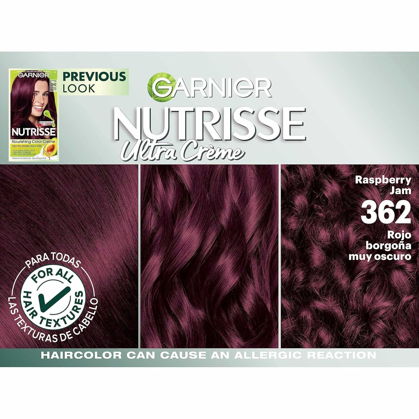 Garnier Hair Color Nutrisse Nourishing Creme, 362 Darkest Berry Burgundy (Raspberry Jam) Red Permanent Hair Dye, 2 Count (Packaging May Vary)