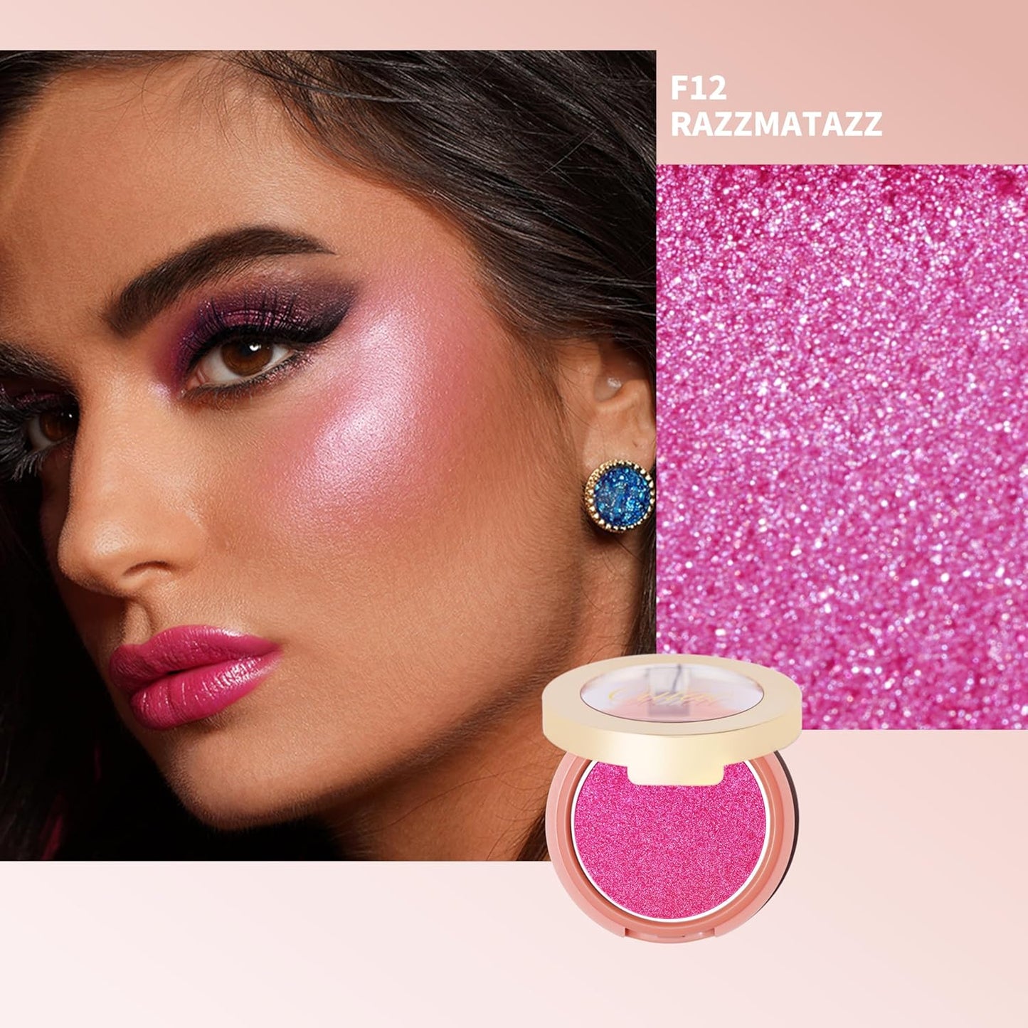 Oulac Fuschia Luminisers Powdery Blusher for Cheeks Face Glow,Brighten Skin As Highlighter Makeup, Shimmer Blusher,Buildable and Vegan Cosmetics,4.8g F12 Razzmatazz