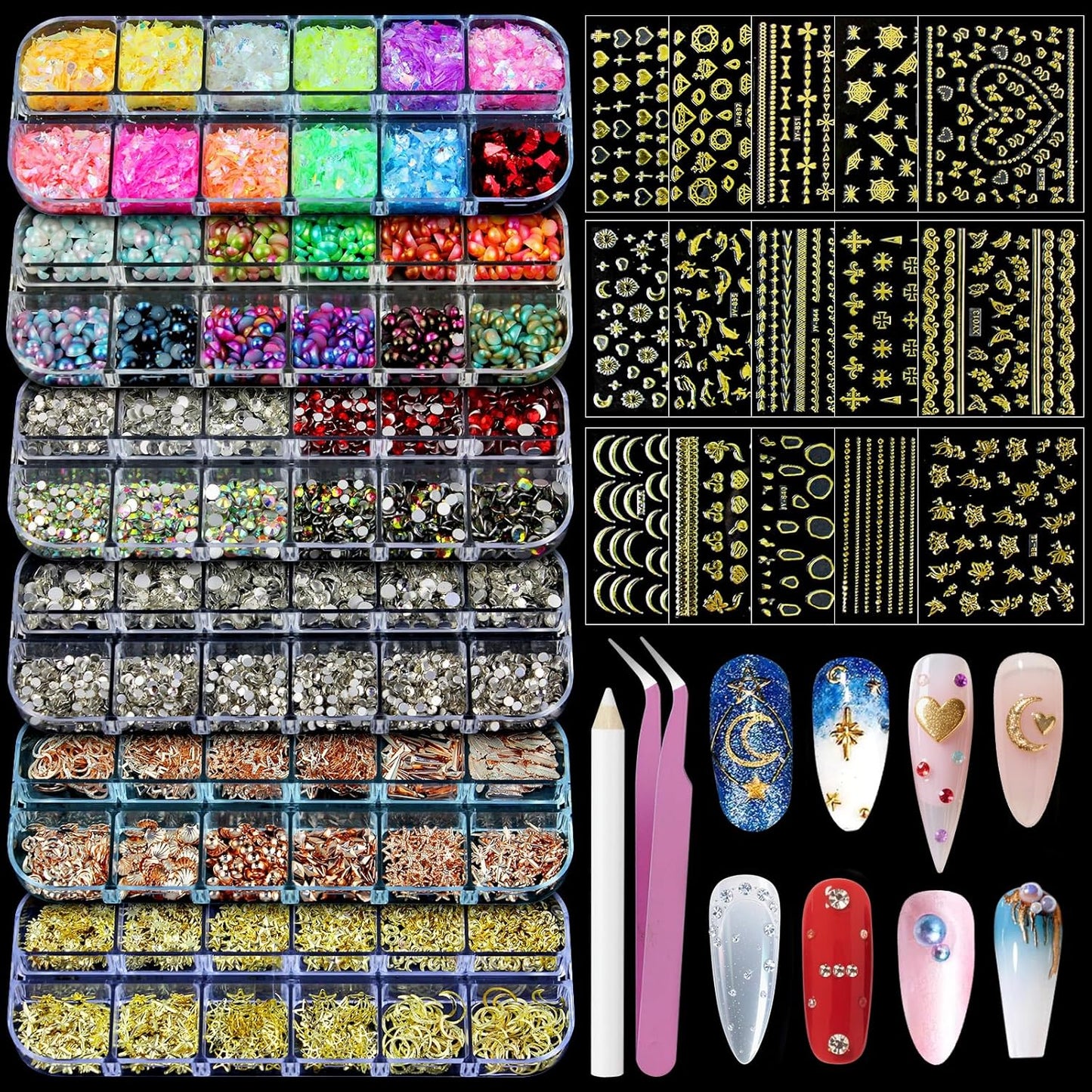 Artdone Nail Art Studs Kit, 6 boxes Multicolor And Design 3D Charms With 15 Sheets Gold Nail Stickers, Diamond Cute Nail Jewels For DIY Decoration with Pickup Tools