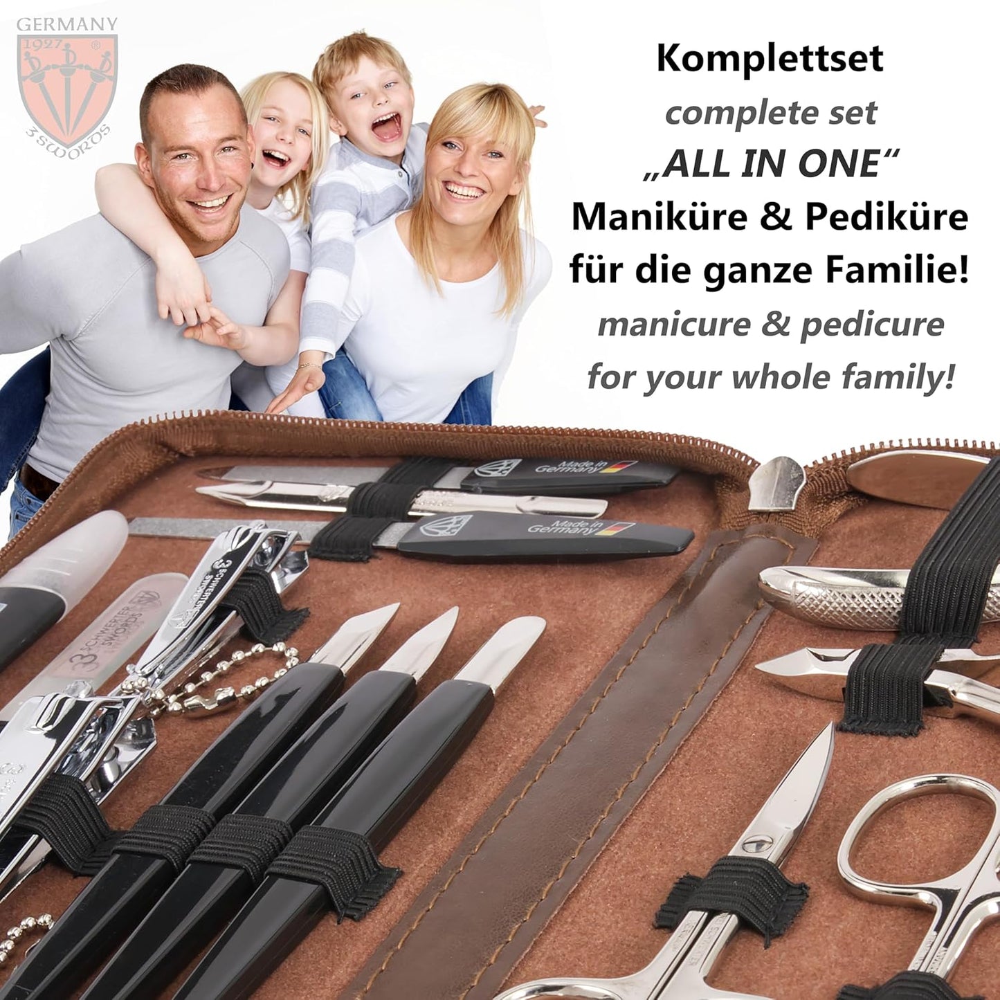 3 Swords Germany - brand quality 16 piece manicure pedicure grooming kit set for professional finger & toe nail care scissors clipper synthetic leather case, Made in Germany