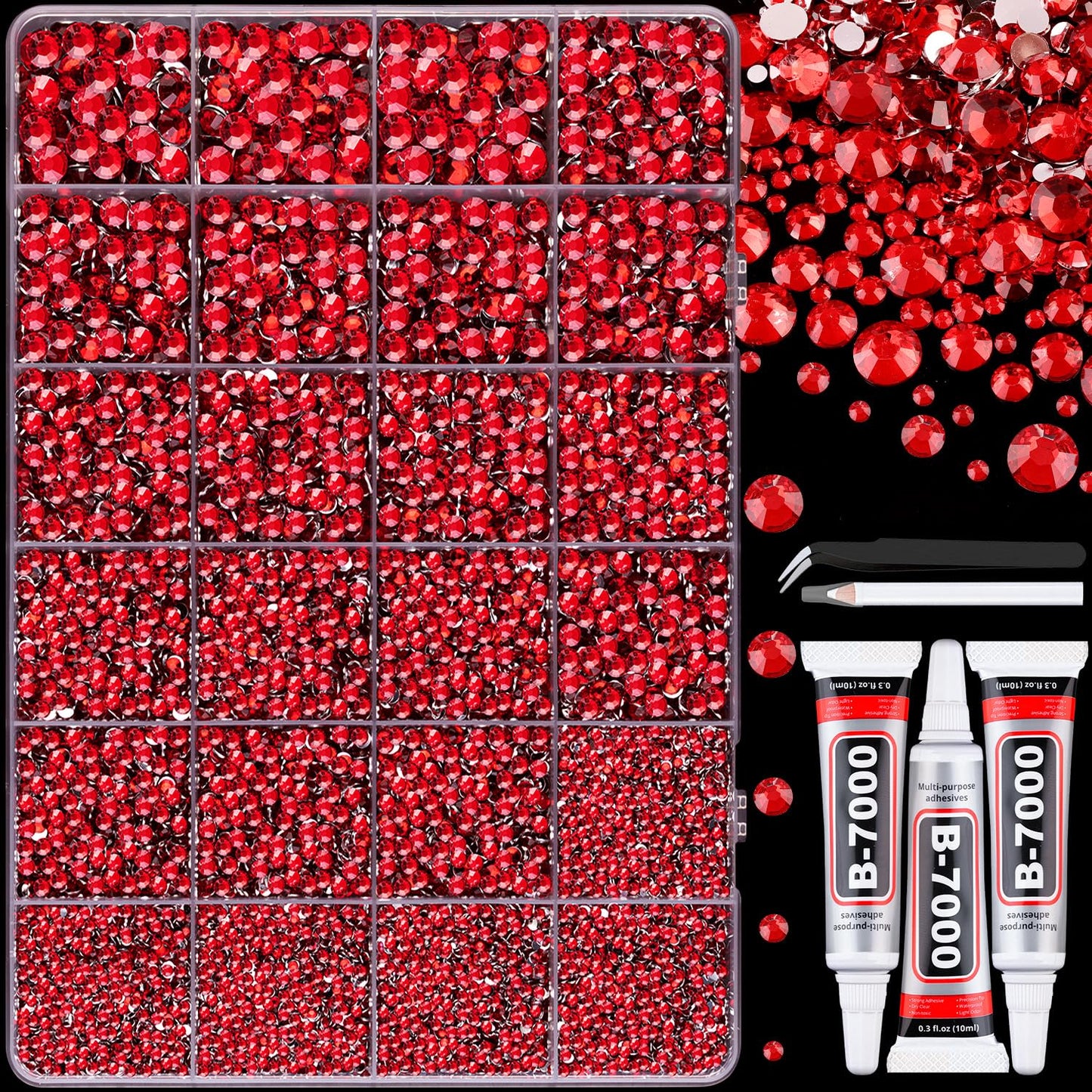 30000Pcs Resin Rhinestones with Tweezers for Crafting, Red Flatback Gems, Bedazzling Crystal with 3Pcs 10ml B7000 Jewelry Glue for DIY Crafts Clothing Tumblers Shoes Fabric Nail Art