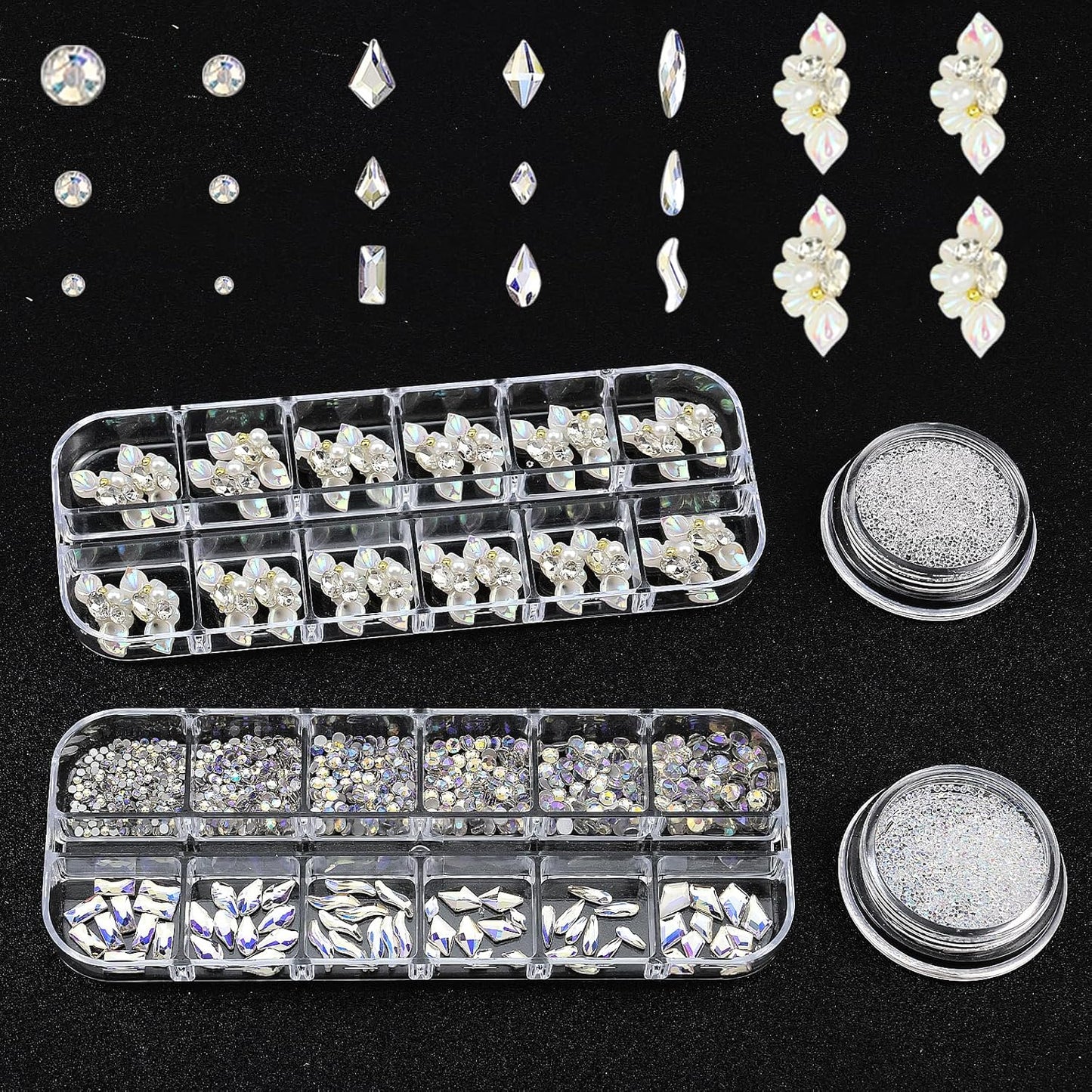 Rhinestones for Nails, Flatback Multi Shape Gems 3D Flowers Nail Charms Mixed Nail Glitter Powder Supplies Moonlight Crystal Jewelry Accessories for Women Manicure Decorations Design