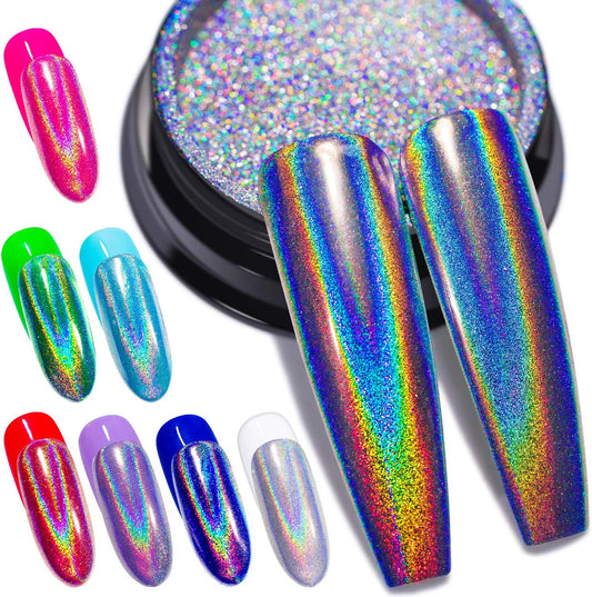 Holographic Nail Powder Fine Rainbow Holo Unicorn Mirror Laser Effect Multi Chrome Manicure Pigment Glitter Dust for Salon Home Nail Art DIY Deco, 0.04oz/1g, Sponge Tool/3pcs