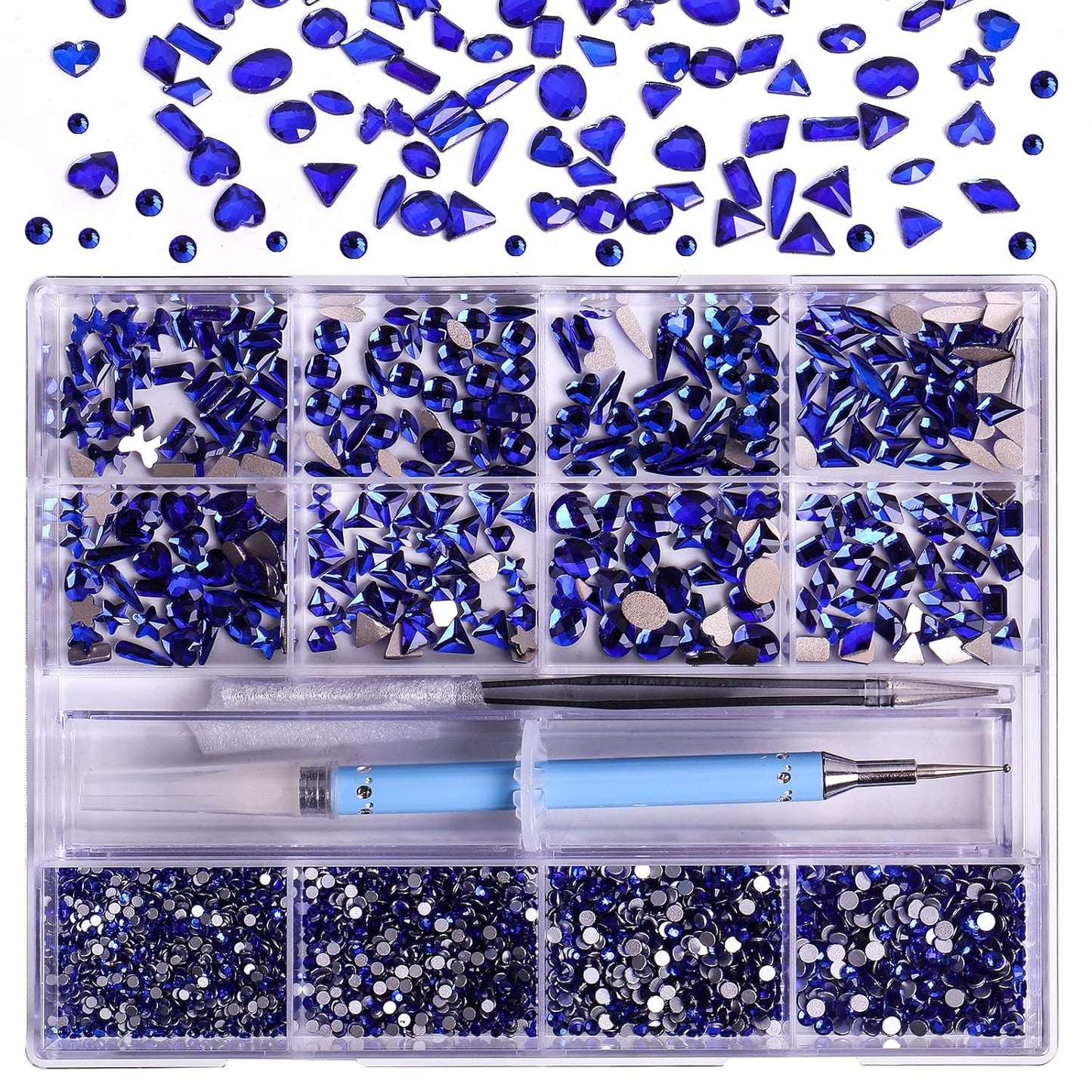 3320Pcs Sapphire Nail Art Rhinestones Crystal,3D Rhinestones Gems Jewels Diamond,24 Types of 320 Diamonds + 3000 Round Beads, Crystals 3D Flat Back Gemstones for Nail DIY Crafts with Tweezers Pen