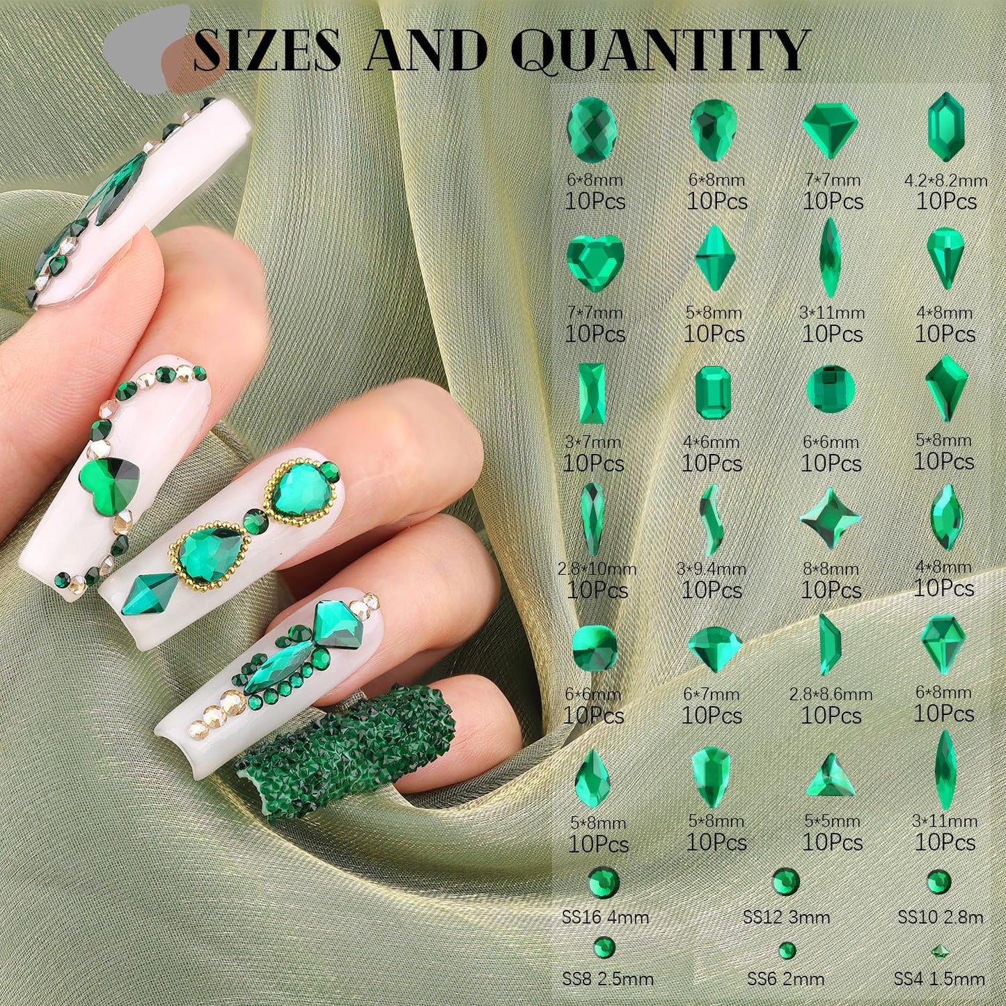 2750Pcs Emerald Green Glass Nail Rhinestones 240Pcs Multi Shapes Flatback Nail Gems + 2510Pcs 1.5-4mm Round Crystal, Manicure Nail Charms Diamond Gemstone for Acrylic Nails Decoration