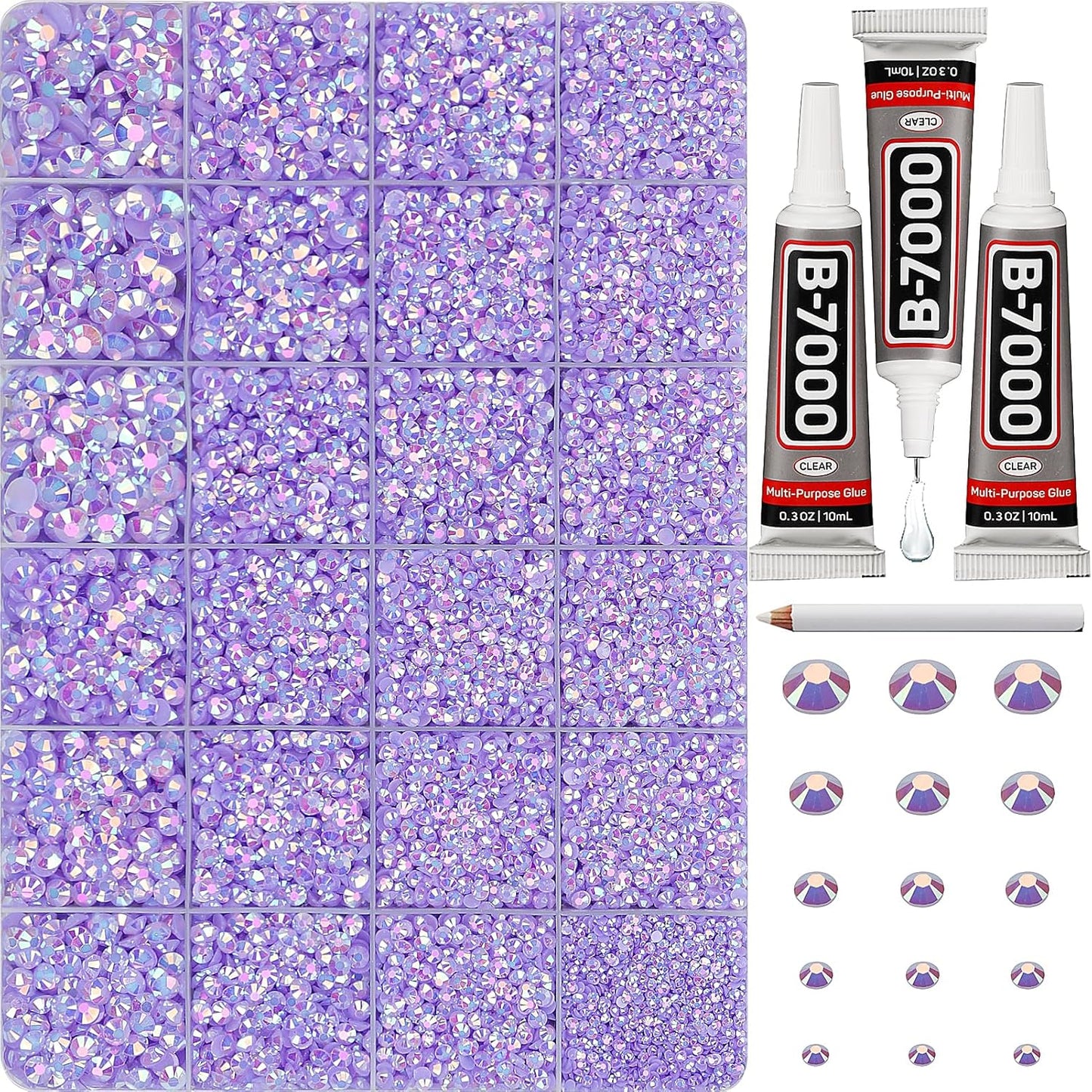 30000Pcs Resin Jelly Rhinestones Set for Crafting Bedazzling, Light Purple AB Flatback Gems Jewels for Crafts Clothes Shoes Fabric Outfit Nails Makeup, Flat Back Lavender Crystal 2-6mm with b7000 Glue