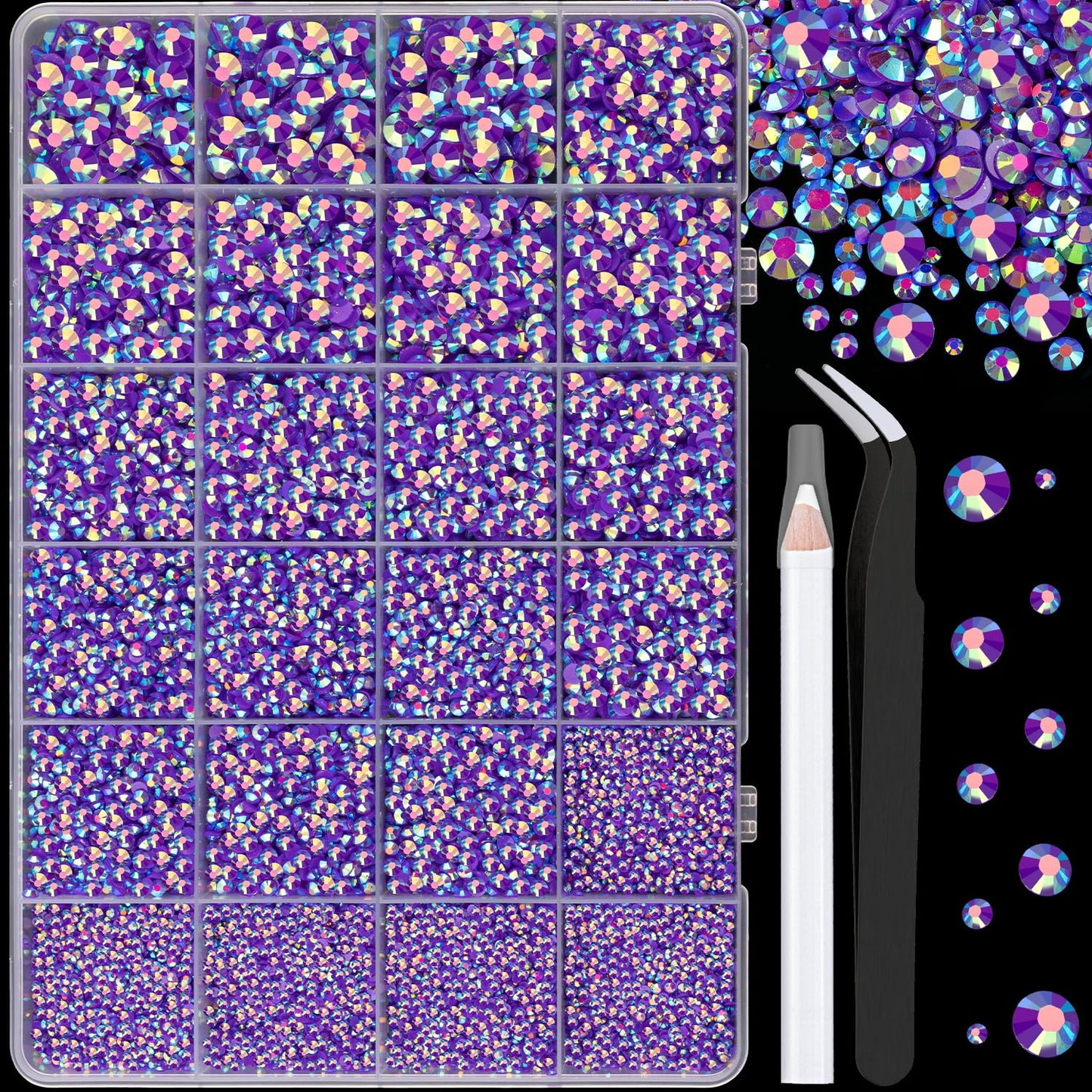 25000Pcs Resin Jelly Rhinestones for Crafting, Dark Purple AB 2-6mm Mixed Sizes Non Hotfix Flatback Gems, Bedazzling Crystal for DIY Crafts Clothing Tumblers Mugs Shoes Fabric Nail Art