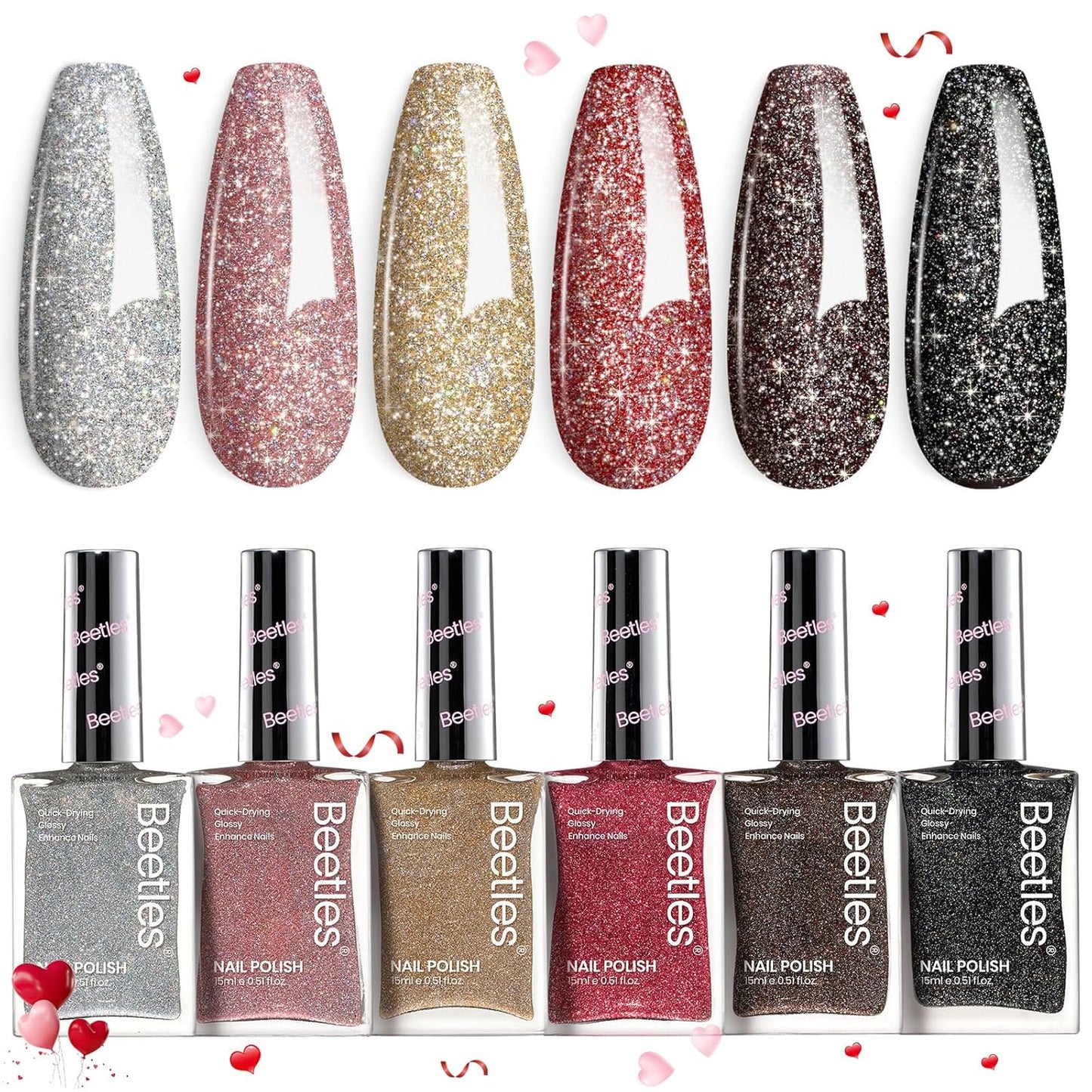 Beetles Glitter Nail Polish Set, 6 Color Silver Pink Gold Red Brown Black Quick Air Dry Nail Polish Natural Elegant Nail Lacquer Manicure DIY Nail Art Salon Gifts For Women