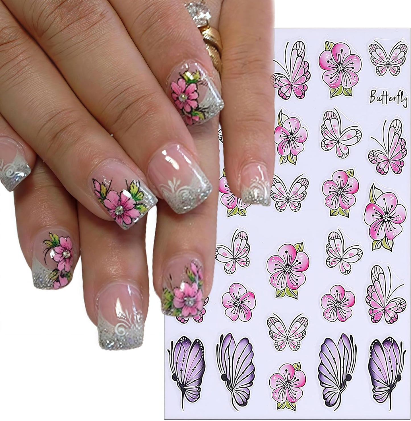 8 Sheets Gold Edge Butterfly Nail Stickers 3D Self Adhesive Holographic Colorful Butterfly Cherry Blossoms Decals Spring Glitter Gold Flower Design Supplies for Women Girls Manicure Decoration