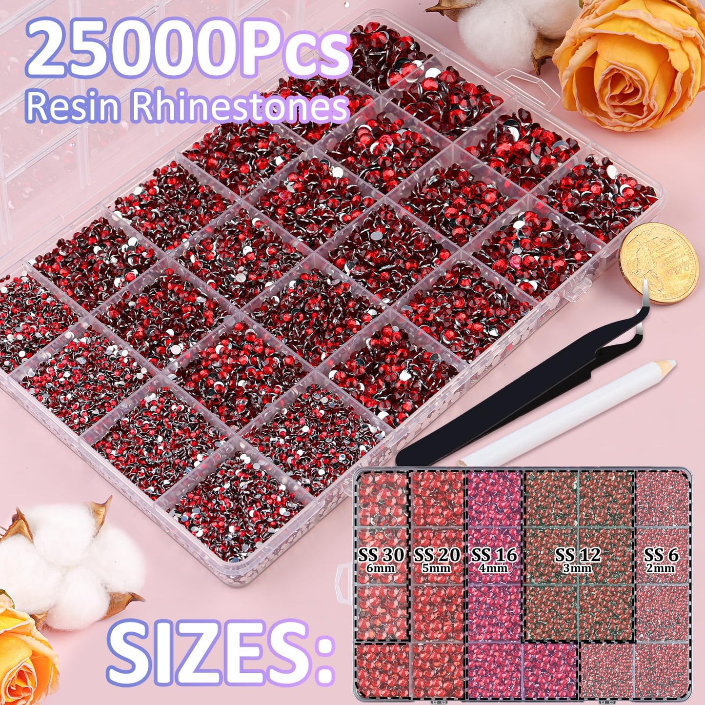 25000Pcs Resin Rhinestones for Crafting, Red 2-6mm Mixed Sizes Non Hotfix Flatback Gems, Bedazzling Crystal for DIY Crafts Clothing Tumblers Mugs Shoes Fabric Nail Art