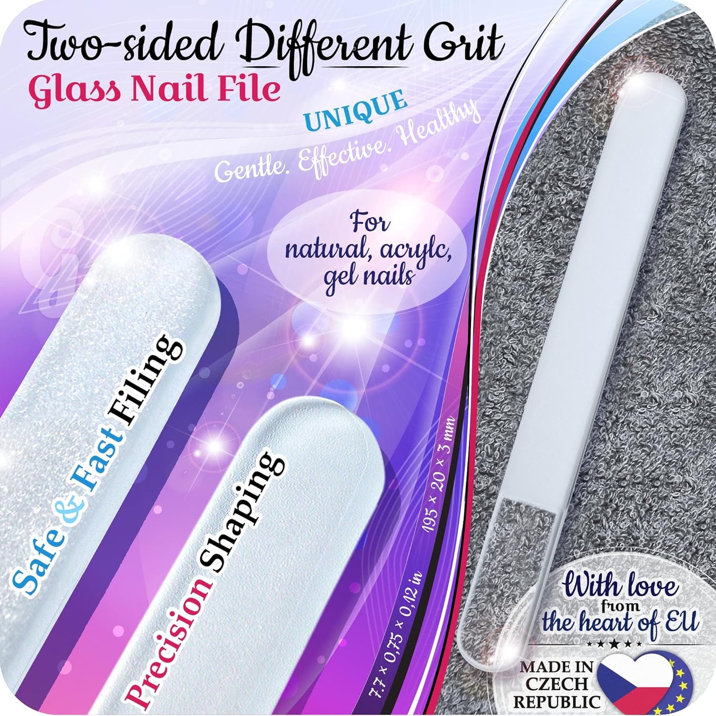 Genuine Czech Glass Nail File Set - Multi-Functional Shiner Buffer, Double Sided Different Grit Etched Surface, Manicure & Pedicure, Professional Nail Care Tool, EU Quality by GLADZY