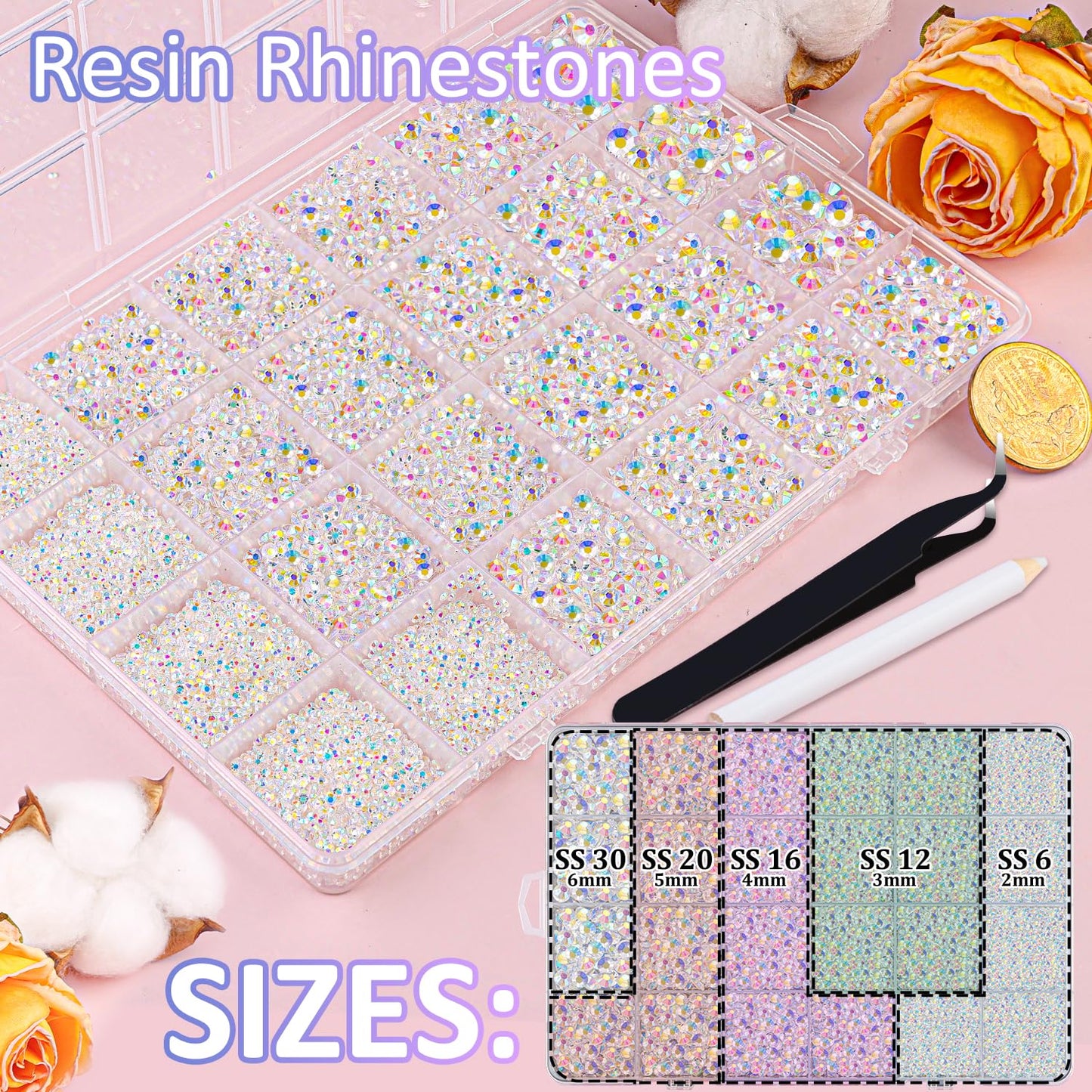30000Pcs Resin Jelly Rhinestones with Tweezers for Crafting, Transparent AB Flatback Gems, Bedazzling Crystal with 3Pcs 10ml B7000 Jewelry Glue for DIY Crafts Clothing Tumblers Shoes Fabric Nail Art