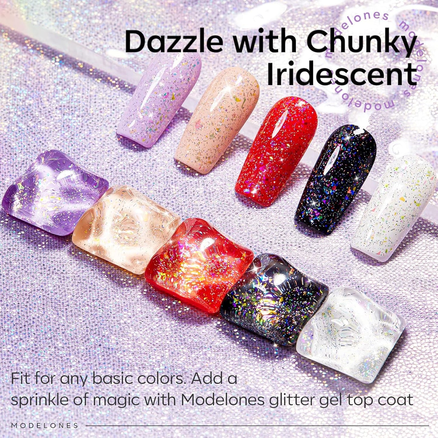 modelones Glitter Gel Nail Polish Top Coat, Rainbow Confetti Gel Top Coat with Scattered Sparkle Shimmer Sequins, Soak Off Long Lasting High Glossy Finish Home Salon DIY Manicure Nail Art 10 ML